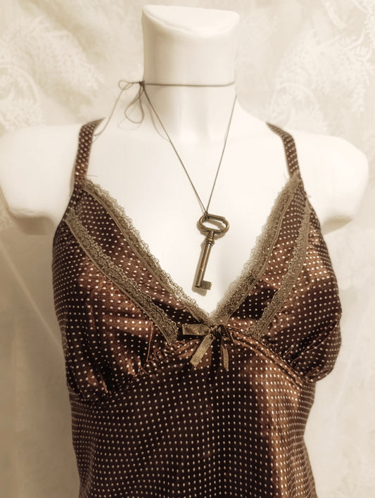 Brown Polka Dot Satin Top જ⁀➴ ♡