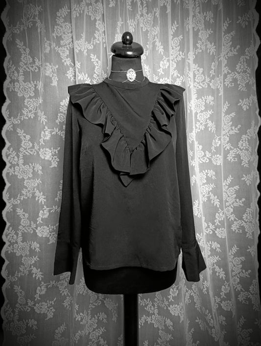 Elegancka, czarna bluzka z falbanką na dekolcie 🖤