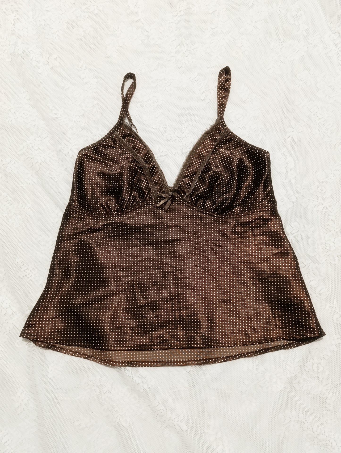 Brown Polka Dot Satin Top જ⁀➴ ♡