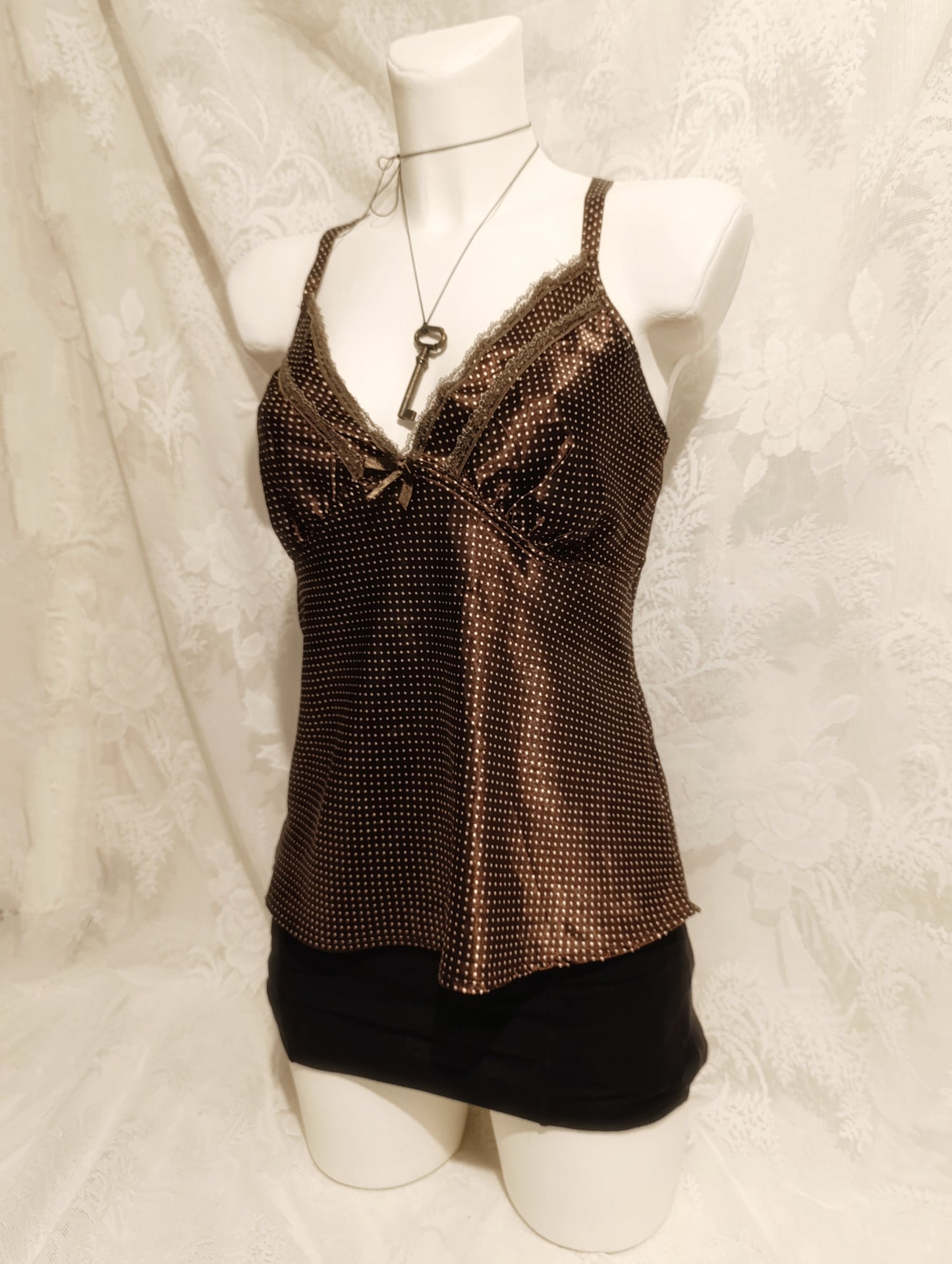 Brown Polka Dot Satin Top જ⁀➴ ♡