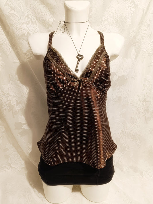 Brown Polka Dot Satin Top જ⁀➴ ♡