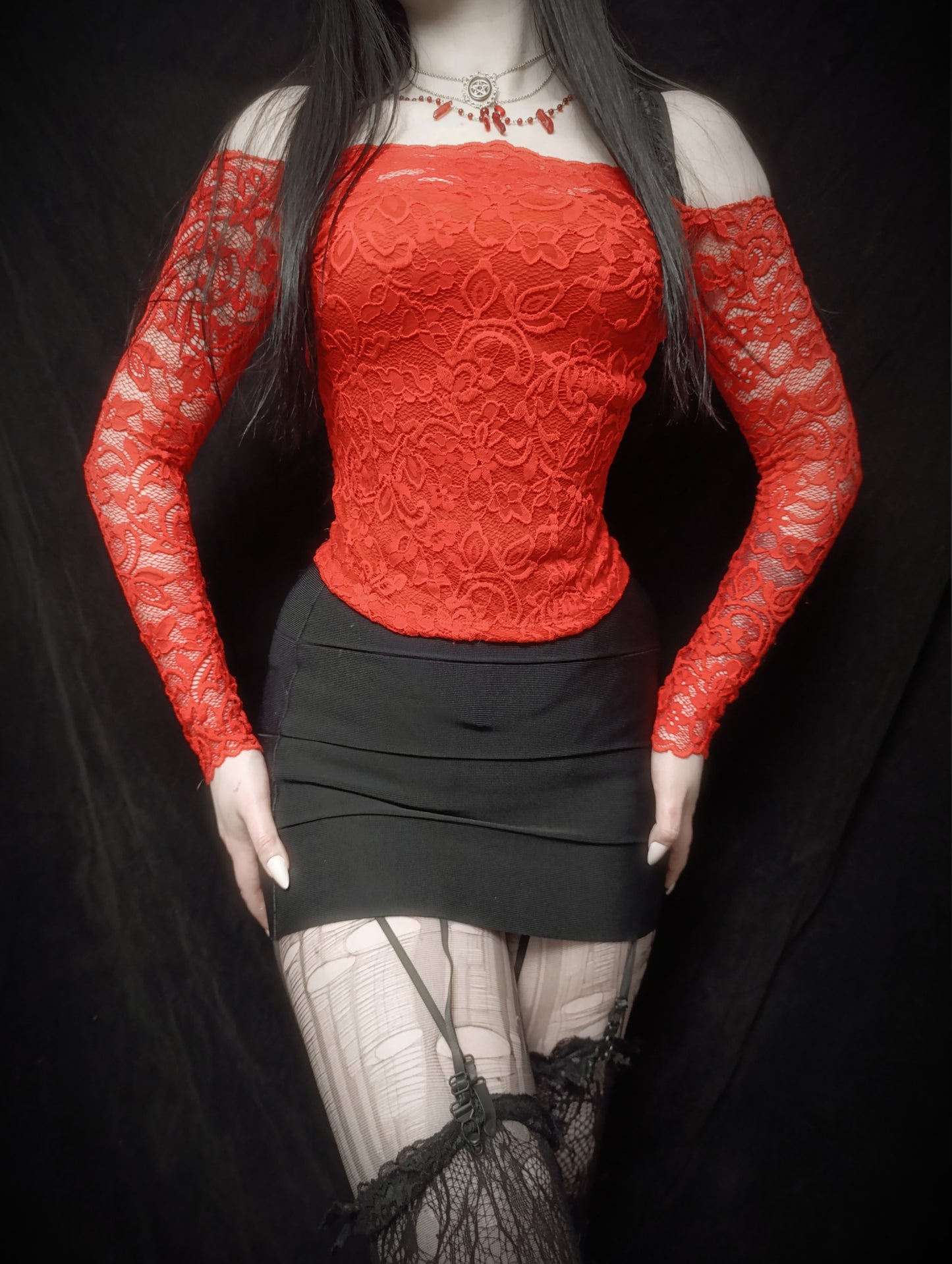 Red Lace Off-Shoulder Top ༺♰༻